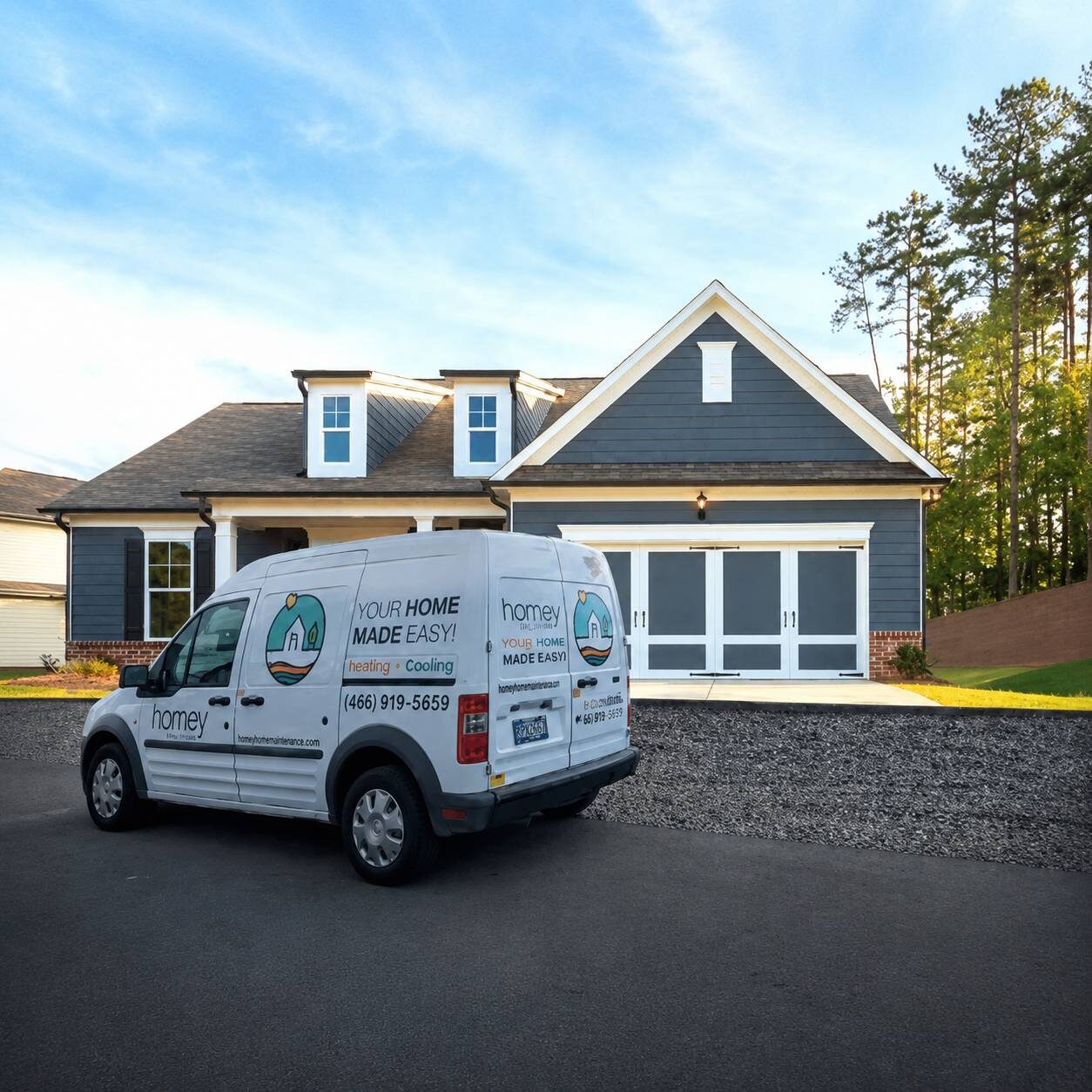 Modern home with service van outside
